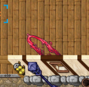 Pink dungeon entrance gate beside a wooden platform