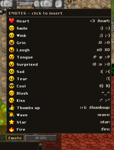 Emote menu with icons and chat shortcuts